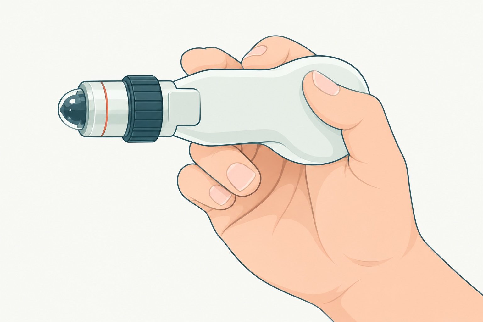 Dibujo simplificado de una mano que sostiene un capilaroscopio compacto, con su lente y anillo de enfoque visibles