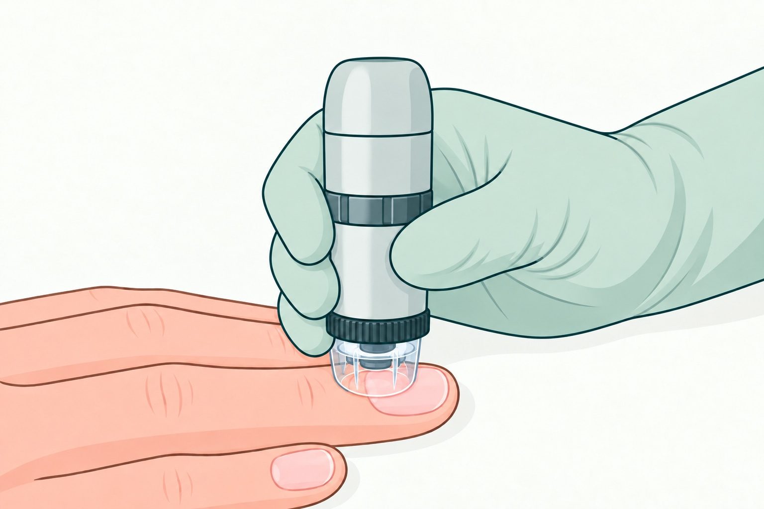 Dibujo simplificado de una mano con guante que sostiene un microscopio iluminado sobre la piel junto a la cutícula